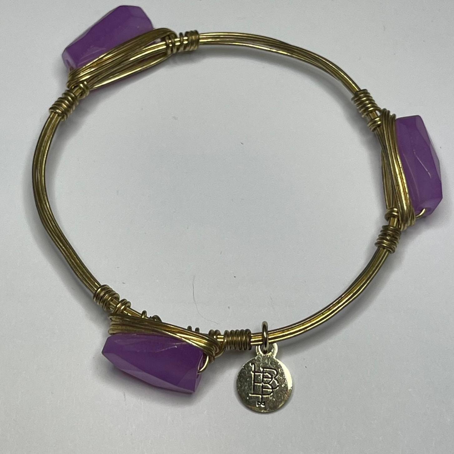 Bourbon & Boweties Gold Tone Bracelet Bangle Violet Faceted Quartz Signd Jewelry